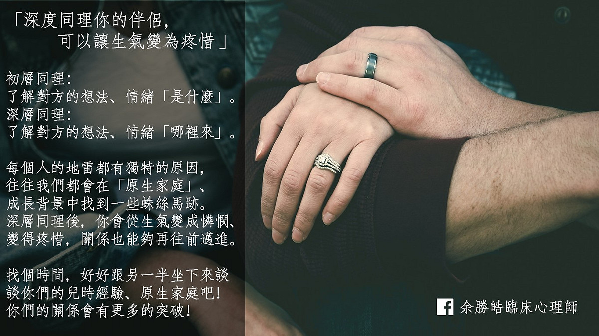 深度同理你的伴侶，可以讓生氣變為疼惜。 圖：余勝皓/提供