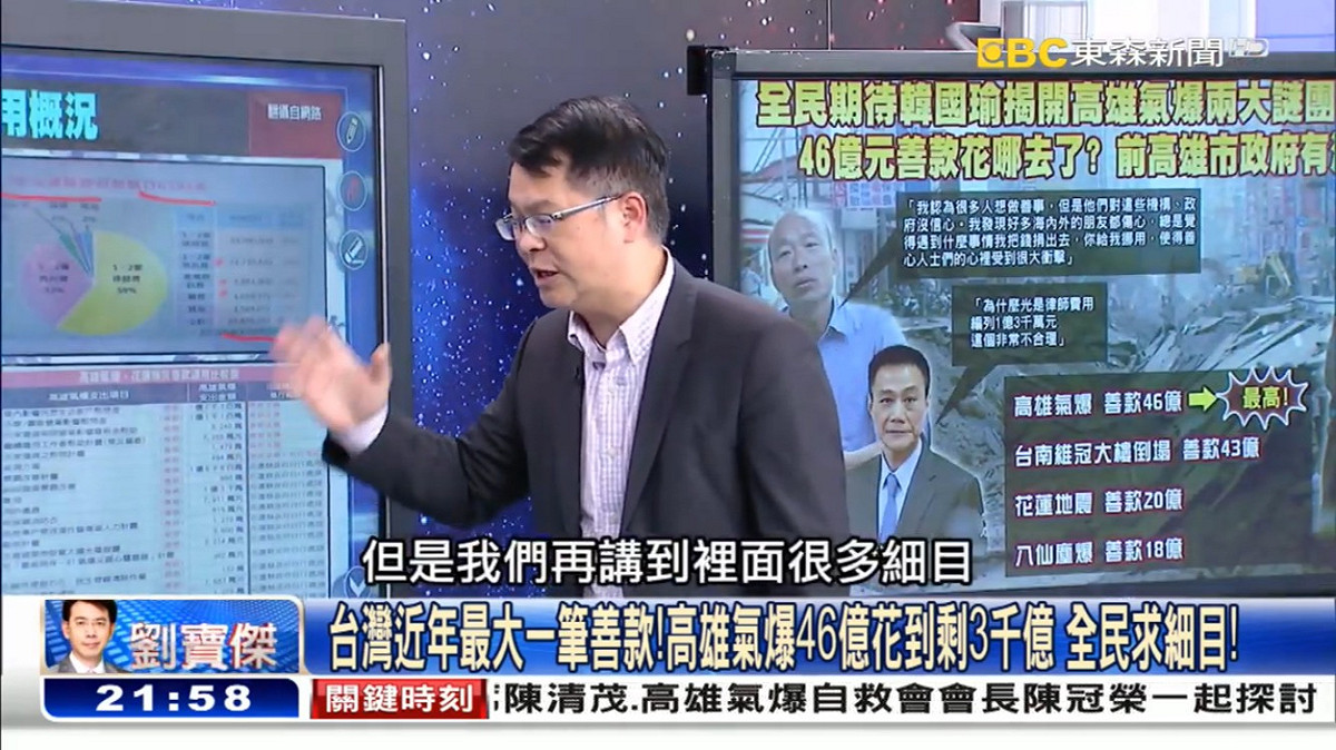 親藍政論節目〈關鍵時刻〉選後仍持續鎖定抨擊前高雄市長陳菊的相關市政議題。這一波是高雄氣爆善款。 圖：翻攝東森電視畫面
