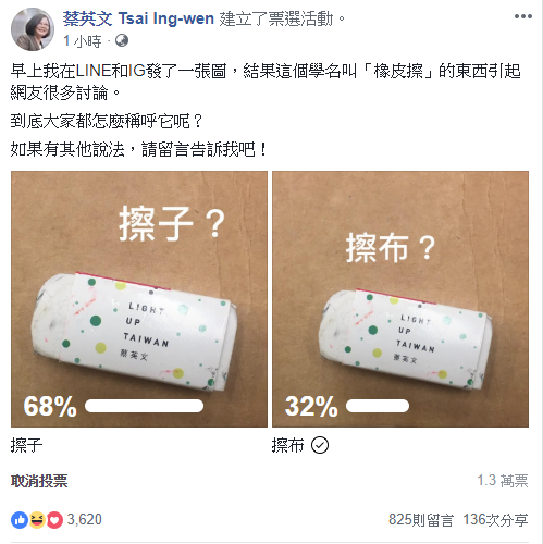 總統蔡英文在臉書發起「擦子」VS「擦布」投票引起網友討論。 圖：截自蔡英文臉書