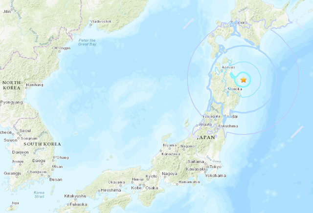 日本岩手縣外海今天發生推估規模5.7地震 圖：翻攝自USGS