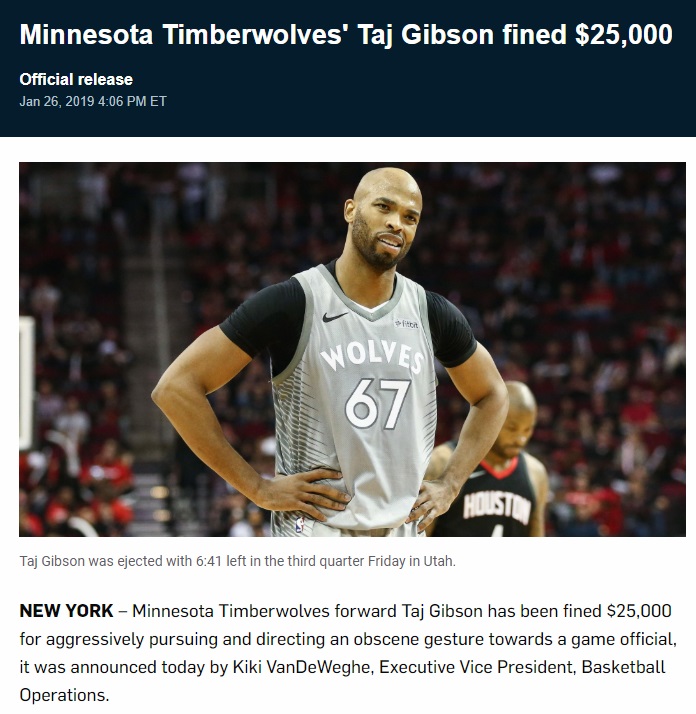NBA明尼蘇達灰狼的吉布生（Taj Gibson）對裁判比出不雅手勢，被追加2萬5000美元罰款。 圖/翻攝自NBA官網