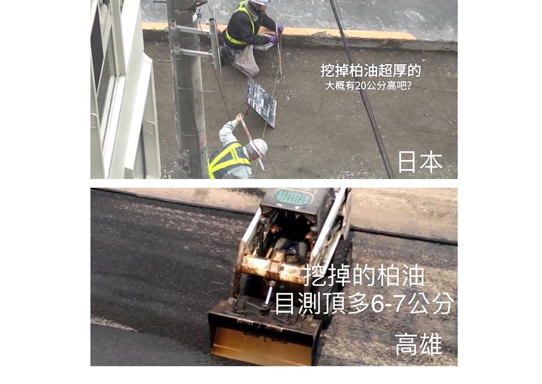 日本與高雄鋪馬路的比較圖。 圖／翻攝自李正皓臉書
