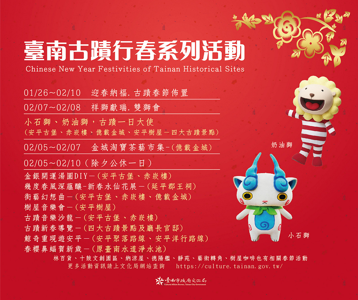 台南市政府文化局在今年2月5日初一至10日初六期間，特別規劃「2019台南古蹟行春」一系列目不暇給的精采活動。 圖：台南市文化局/提供