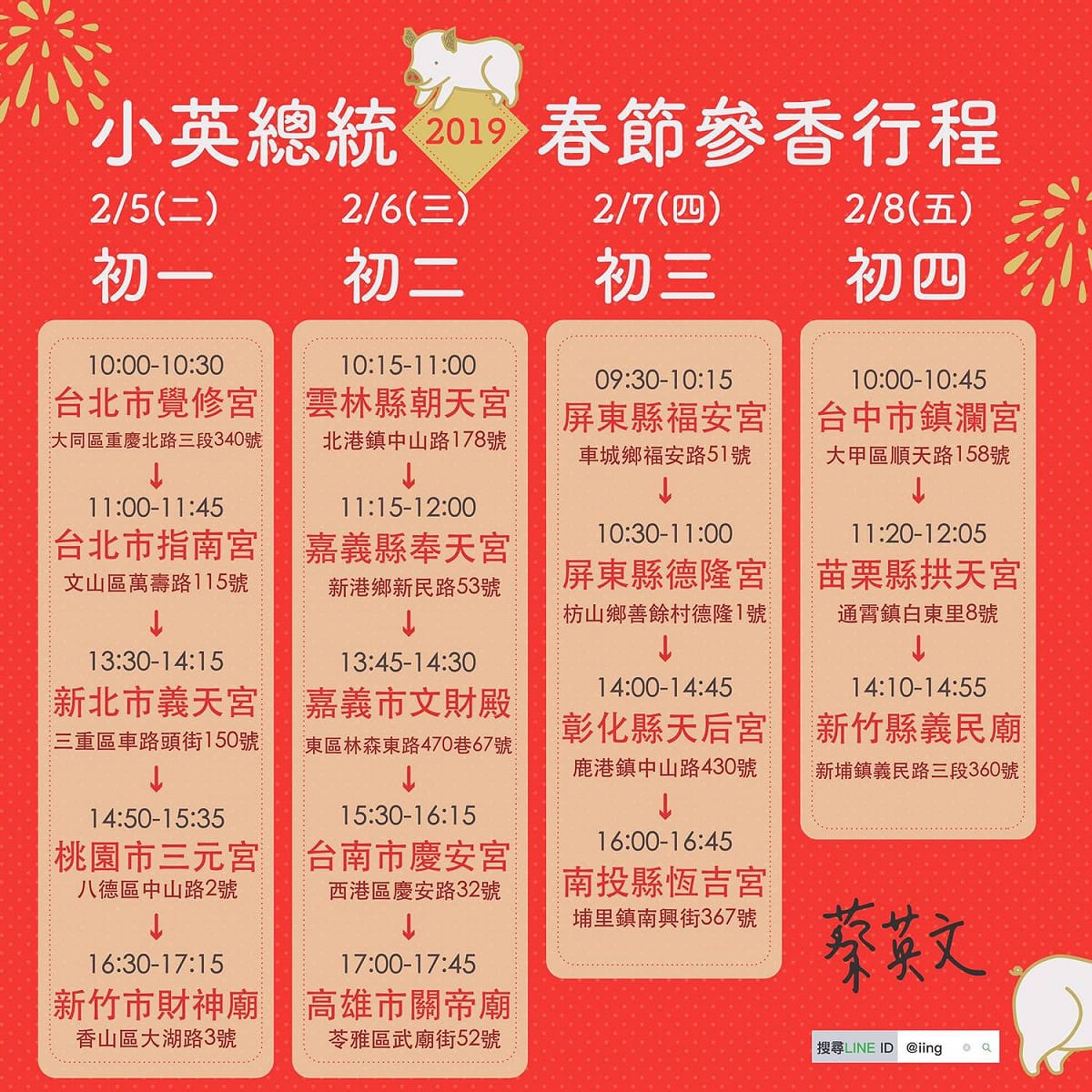 總統蔡英文在臉書上張貼自己的走春行程。 圖：翻攝自蔡英文臉書粉絲專頁