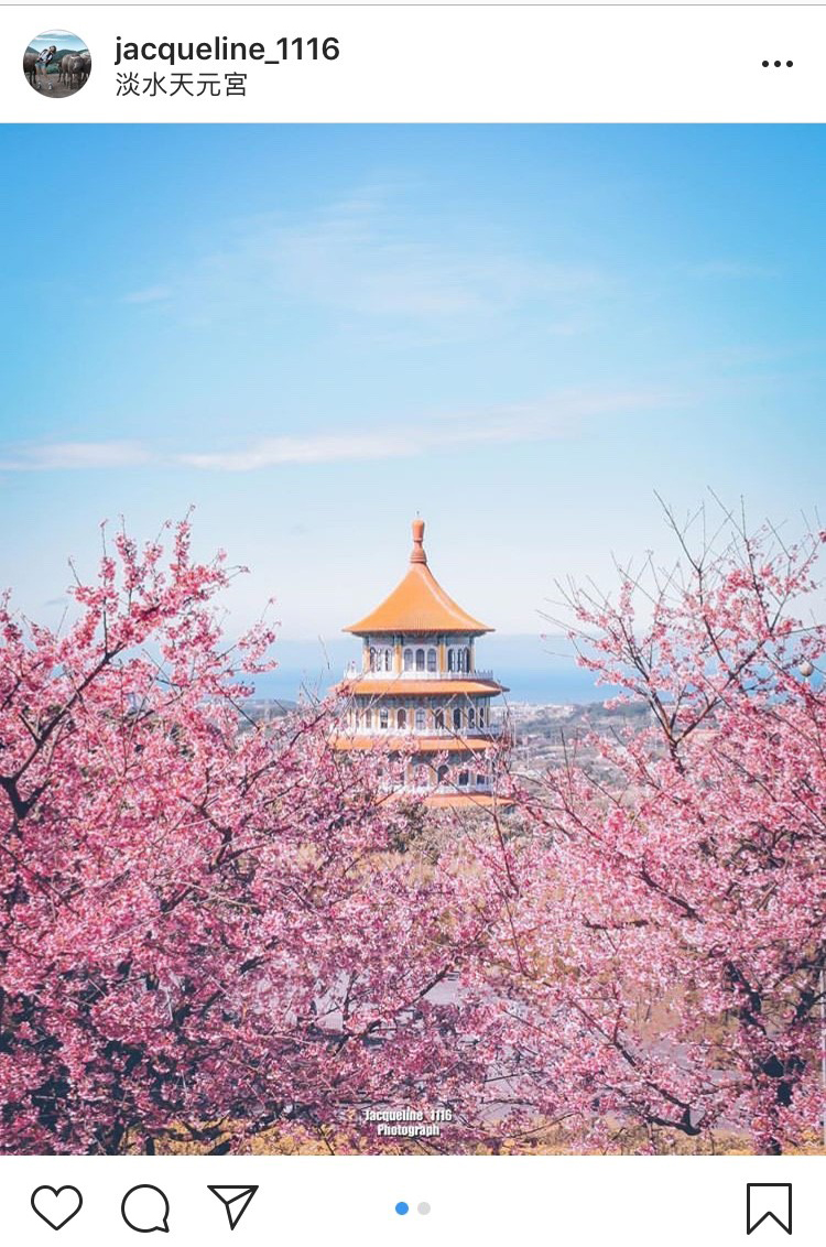充滿中國風的「無極天元宮」，配上粉紅色的三色櫻景色，真的超迷人！ 圖：翻攝自instagram jacqueline_1116／開放權限