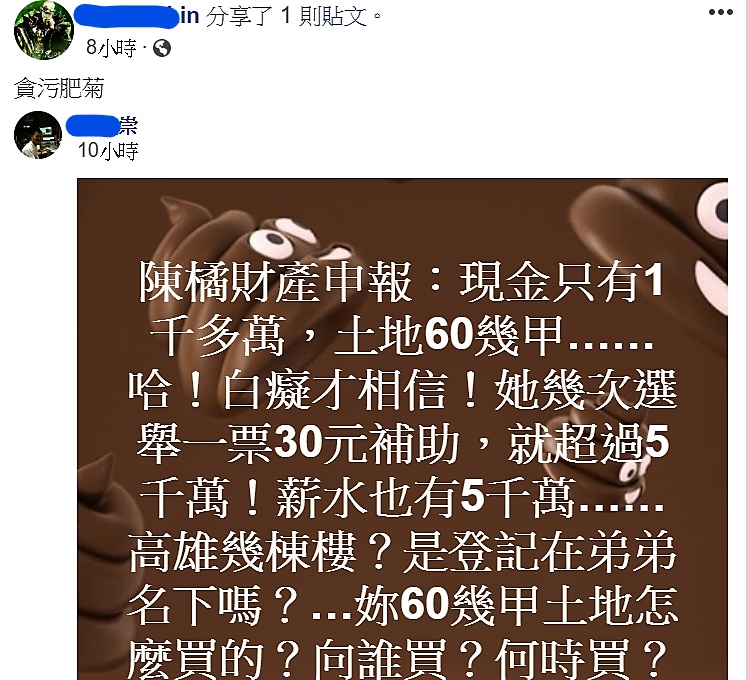 監察院最新財產公告，總統府秘書長陳菊因繼承持有「多年的」農地０.26甲，突遭臉書社群同日出現多則基調一致，目標抹黑陳菊持有農地持分的大字報。 圖：臉書截圖