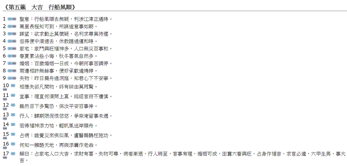 南投縣中寮鄉台灣道教總廟玄義宮，大年初一以道教傳統儀式請令抽國運籤，抽出「大吉」的第5籤「行船風順」。 圖：翻攝中國哲學書電子化計劃網站