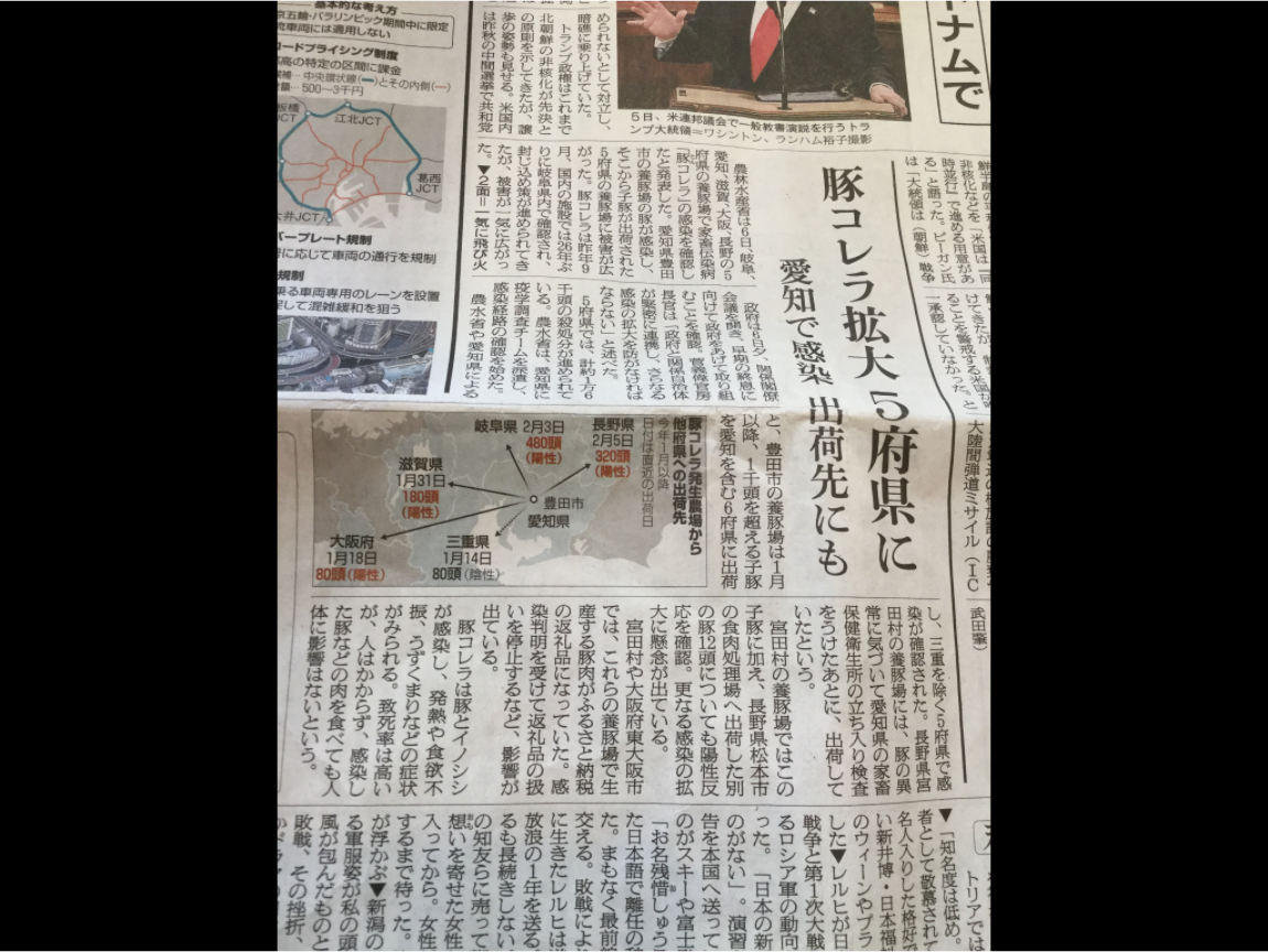 日本今天最震撼的消息是愛知縣豐田市一處養豬場，去年９月就確認的豬瘟，因為繼續銷出仔豬到鄰近府縣，導致大阪府、長野縣、滋賀縣、岐阜縣等也跟著遭殃，目前也在加強檢查中，到今天已撲殺1萬6千頭，也還繼續展開撲殺與消毒，評估至少要撲殺2萬7千頭。圖為朝日新聞。 圖：劉黎兒翻攝