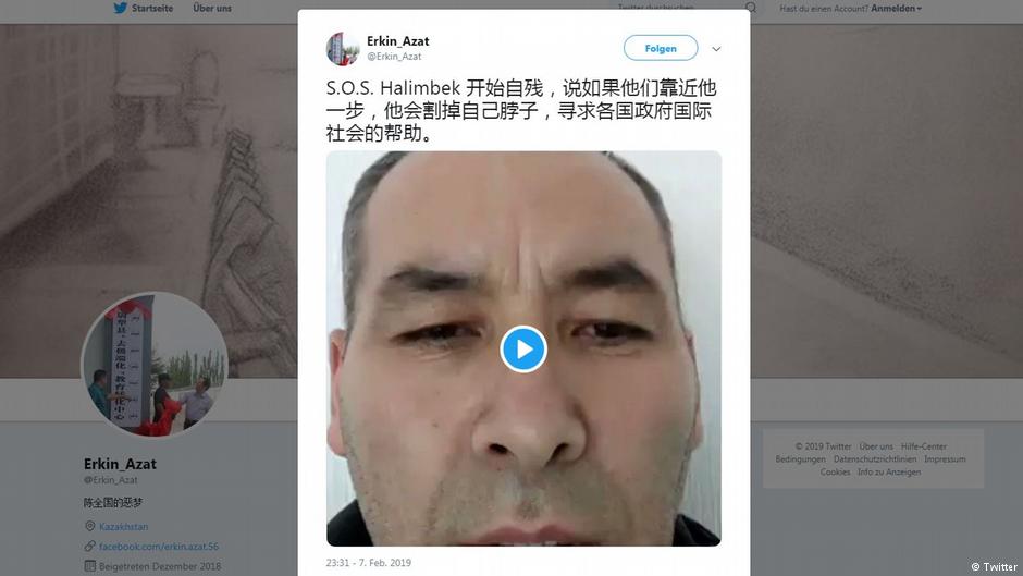 自由記者阿札特(Erkin Azat)2月8日在推特上發佈影片，在影片中，中國籍哈薩克族男子沙曼在烏茲別克機場割喉，並用哈語和中文向歐美各國領導人和國際組織求救，拒絕被遣返回中國。 圖：翻攝自Erkin Azat  Twitter