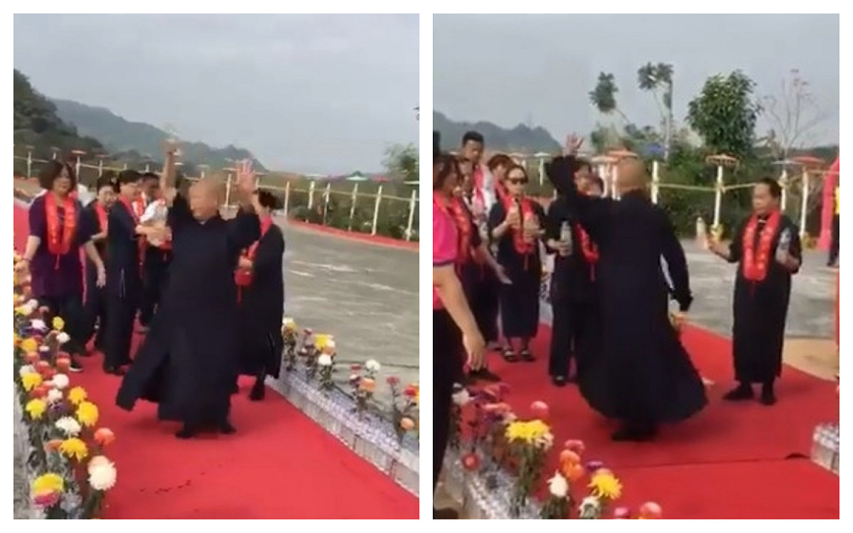 法師在法會上一路旋轉灑水祈福，最終不支嘔吐。 圖／翻攝自惠嚴法師臉書