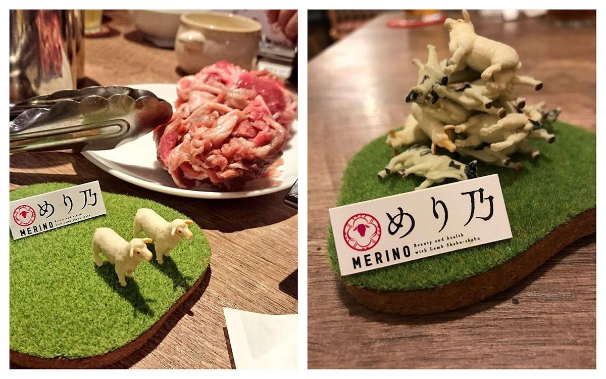 日本吃到飽餐廳推出新服務，隨肉送上動物模型，讓客人可以看見自己吃下的成果。 圖／翻攝自推特
