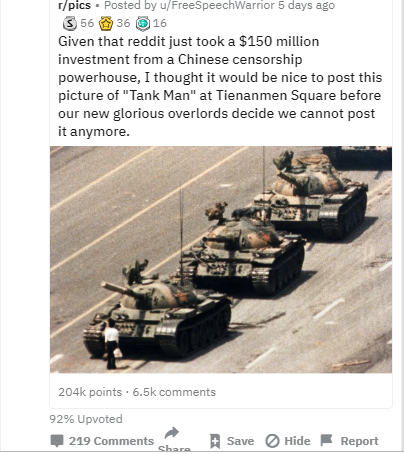 中國騰訊投資美國社群網站Reddit消息曝光後，美國網民狂貼六四天安門照片，挑戰中國當局底線，獲得高度關注。 圖：翻攝自Reddit討論區