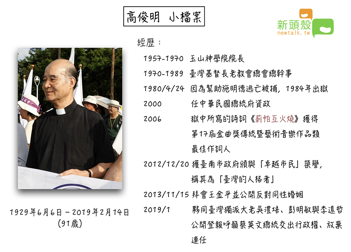 台灣基督長老教會前總幹事高俊明牧師過世，享年91歲。 圖：新頭殼製