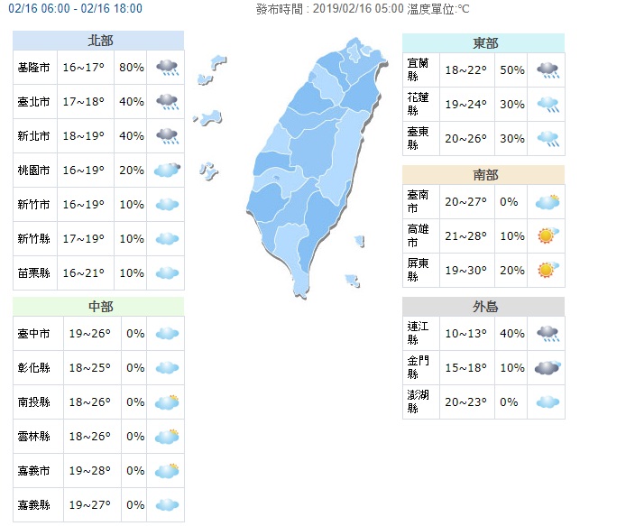 今日各地天氣預報概況。 圖/中央氣象局