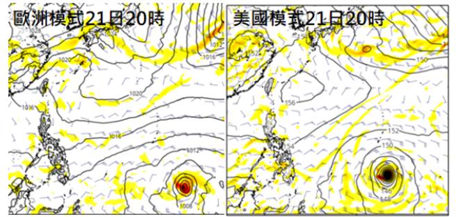 15日20時歐洲中期預報中心(ECMWF)模式(左圖)及美國(GFS)模式(右圖)皆模擬出，未來一週末期西北太平洋有熱帶擾動發展的跡象。 (擷圖自Tropical tidbits)
