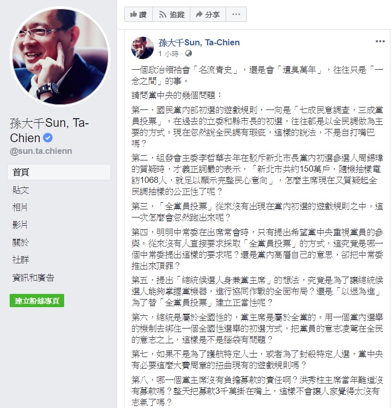 針對國民黨主席吳敦義反駁全民調的總統初選機制，前立委孫大千在臉書開砲，痛批吳把黨員的意志凌駕在全民的意志之上，是不是腦袋有問題？ 圖：翻攝自孫大千Sun, Ta-Chien臉書