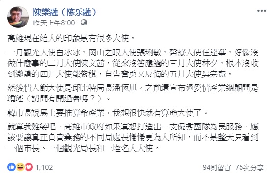 音樂人陳樂融認為，高雄現在給人的印象就是很多大使，卻沒有讓真正負責業務的局處長為人所知 圖：翻攝自陳樂融臉書