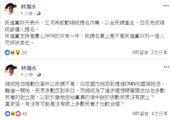 前民進黨立委林濁水於臉書連發兩篇文，指蔡英文向CNN抱怨因改革造成民調低落是件十分奇怪的事。 圖：翻攝自林濁水臉書
