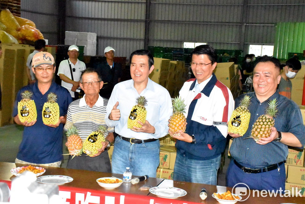 馬英九(中)、謝龍介(右二)幫鳳梨伯行銷。 圖：孫家銘／攝
