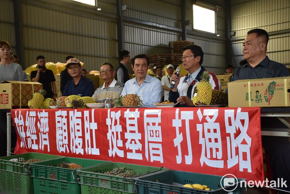 馬英九(右三)、謝龍介(右二)出席「拚經濟-鳳梨裝櫃記者會」。 圖：孫家銘／攝