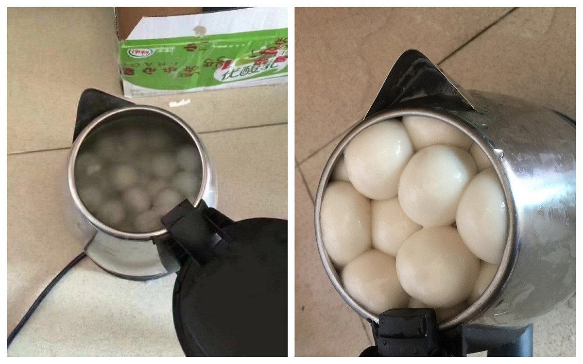有網友分享用快煮壺煮湯圓的照片，湯圓膨脹如饅頭，讓網友笑噴。
 圖／翻攝自爆笑公社