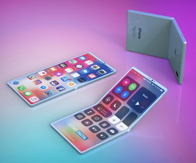 蘋果首款可折螢幕iPhone的渲染圖。 圖：翻攝LetsGoDigital