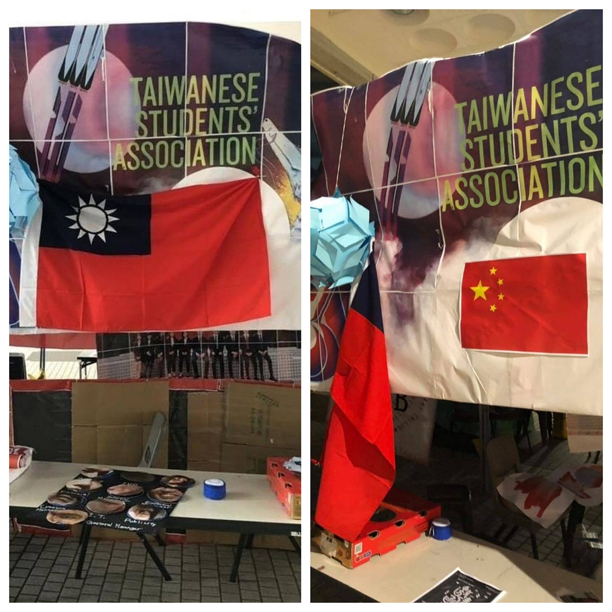 香港科技大學台灣學生會日前攤位遭人破壞，把牆壁的台灣國旗換成中國五星旗，引發台灣學生會成員不滿，立即通報該校學生會及校長室，揚言會謹慎處理。 圖:翻攝自HKUST Taiwanese Students Association臉書專頁。