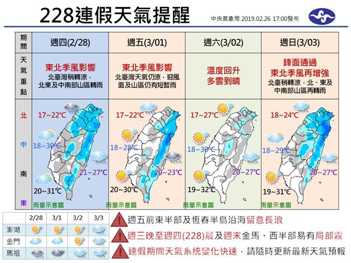 228連假天氣變化快速，中央氣象局提醒民眾要適時添加衣物。 圖：中央氣象局/提供