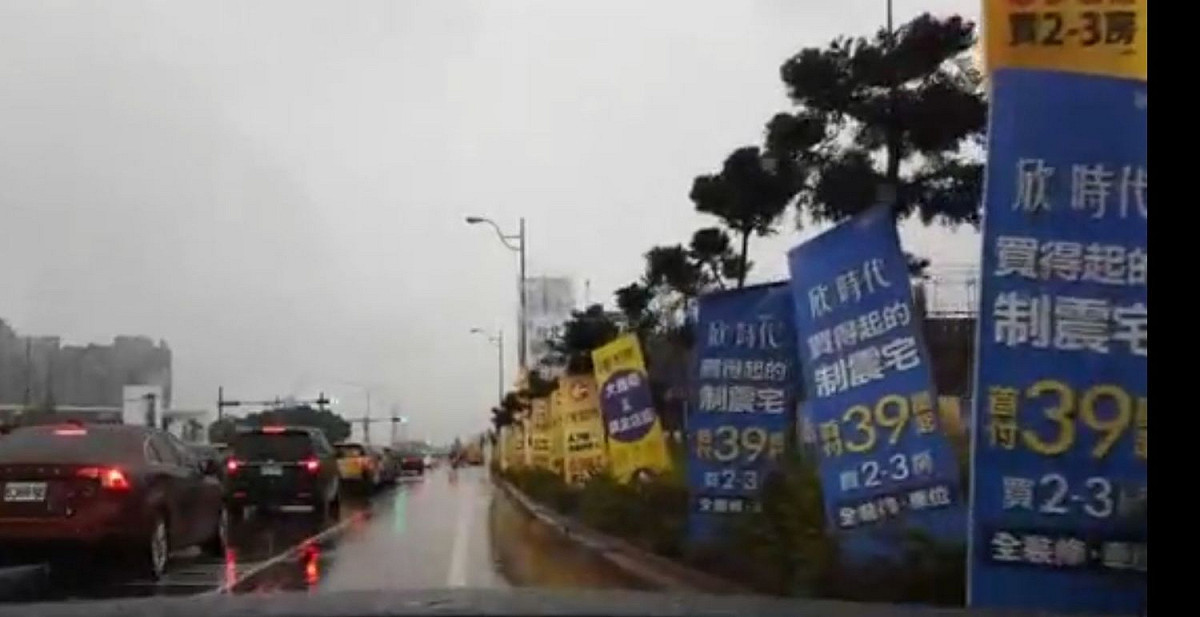 龜山區機捷Ａ7站旁附近道路行道樹幾乎被建商看板攻陷，很多行道樹因此被「枯死」。 圖：詹江村/提供