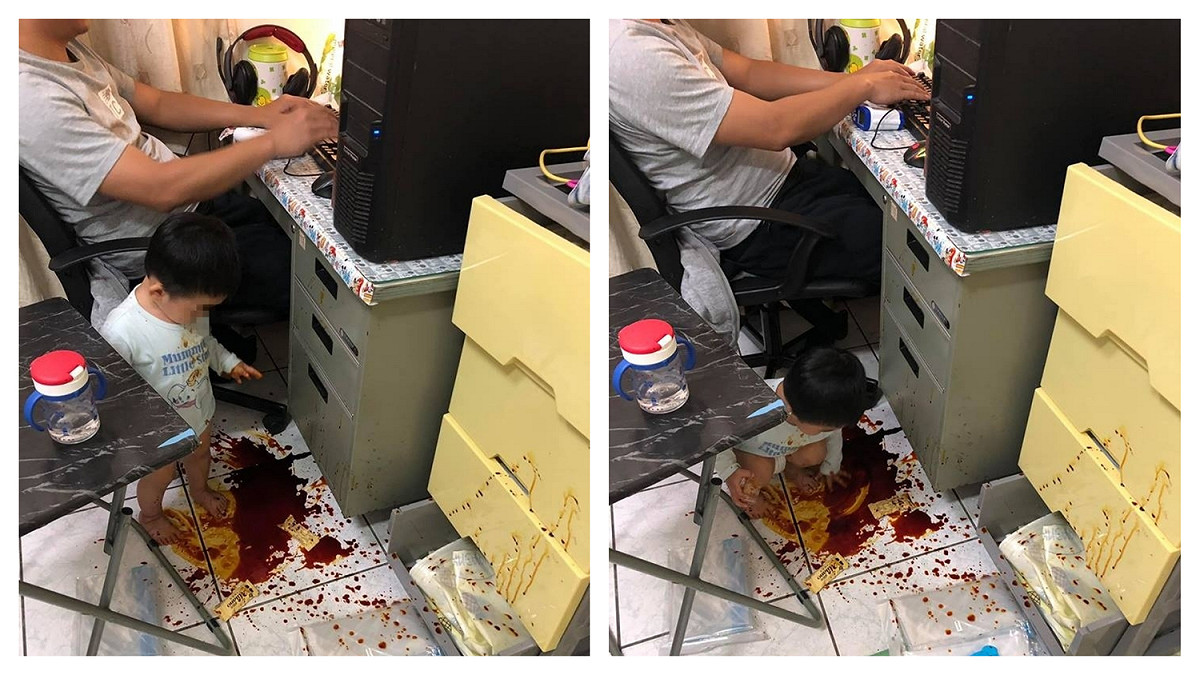 女網友發文抱怨老公，小孩玩得遍地狼藉仍淡定打電動。
 圖／翻攝自爆怨公社