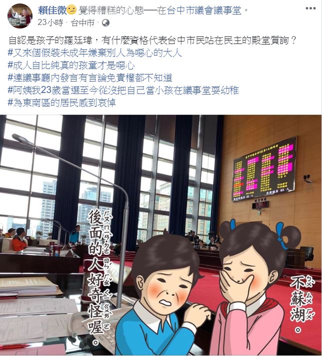 賴佳微在臉書上批評羅廷瑋「有什麼資格質詢」。 圖：翻攝自 賴佳微 臉書