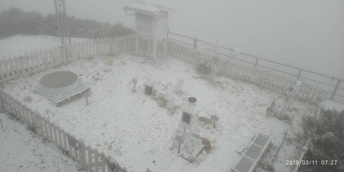 玉山氣象站在凌晨2點30分到4點50分下雪積雪2.0公分，並在7點05分至8點又下雪0.5公分，共積雪2.5公分。 圖：中央氣象局/提供