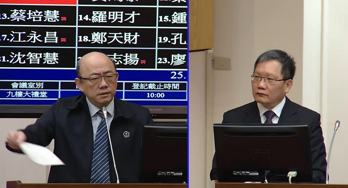 民進黨立委郭正亮（左）11日就高雄市長韓國瑜欲重啟自由經濟示範區，質詢財政部與國發會。 圖：翻拍自立法院直播