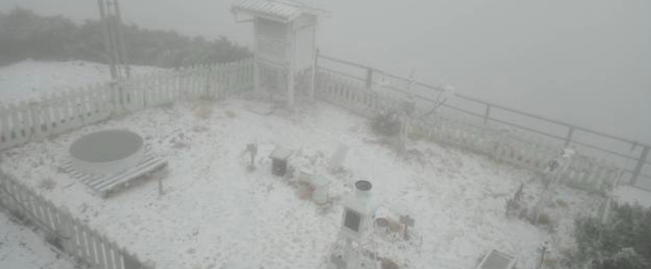 玉山今（11）日凌晨開始下雪，截至上午9時55分已積雪3.5公分。 圖：中央氣象局/提供