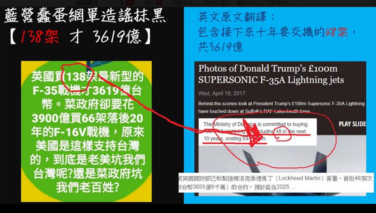 王定宇痛批，一面散播F-35和F-16V的錯誤價格訊息，企圖擾亂台灣軍事投資，一面對中共窮兵黷武歌功頌德。 圖: 翻攝自王定宇臉書