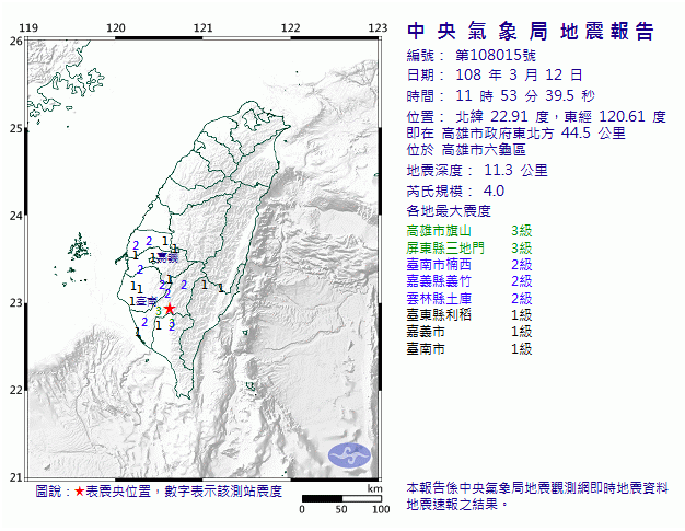 今（12）日上午11時53分高雄發生規模4.0地震，震央位於高雄市六龜區。 圖：截自中央氣象局