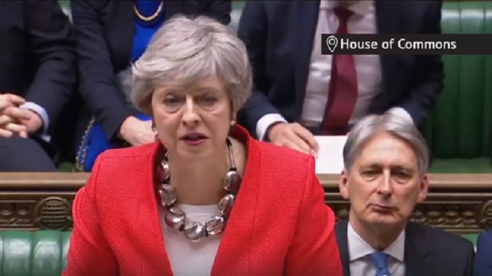 英國首相梅伊12日在脫歐協議表決前赴國會演說，做最後的拉票。 圖：翻攝UK Prime Minister臉書