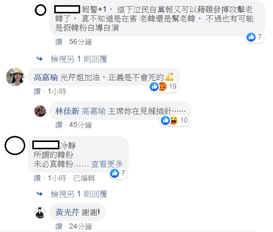 黃光芹的臉書上湧進不少支持和質疑的留言。 圖：翻攝黃光芹臉書