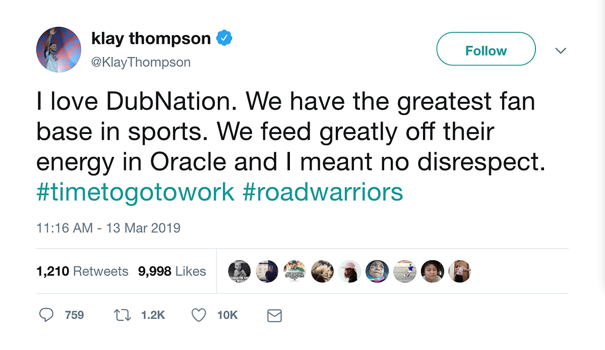「湯神」 Klay Thompson 推文道歉。 圖：翻攝自推特
