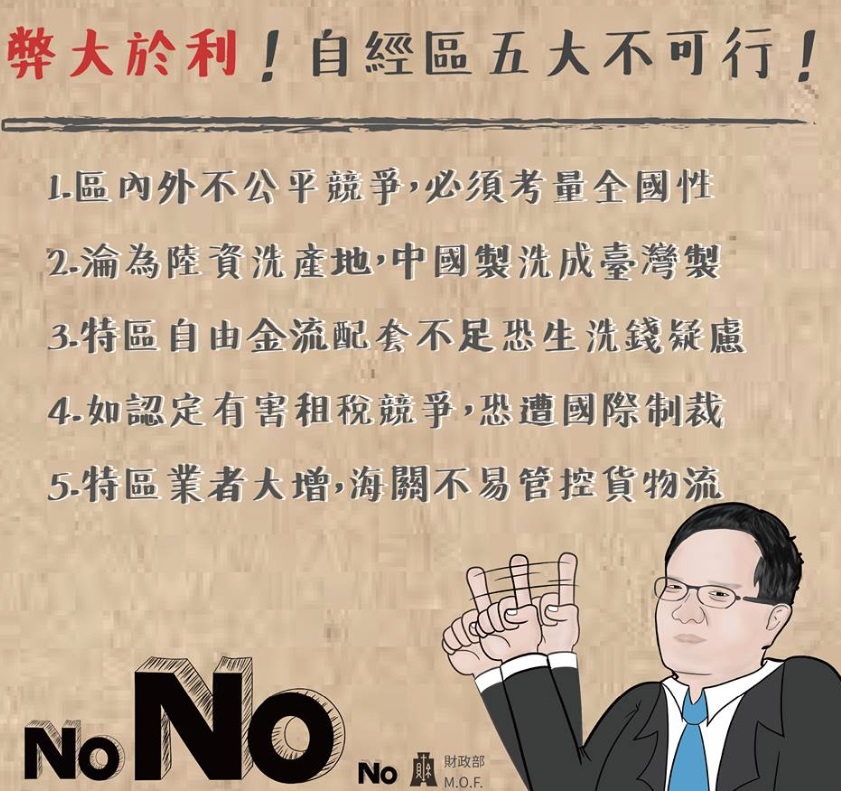 財政部於昨(13)日於臉書發文，列出5個重點說明現階段自經區不可行的理由。 圖：擷取自財政部臉書粉絲頁