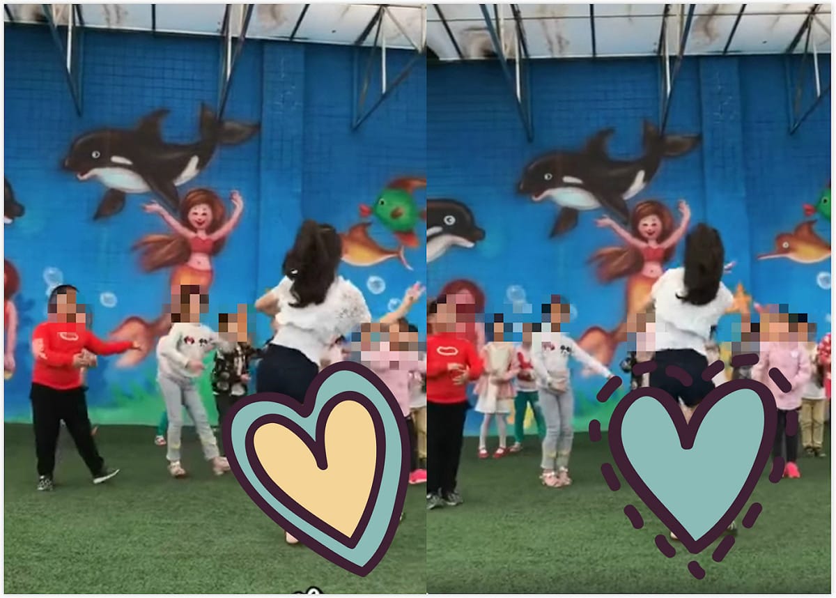 一名幼稚園老師賣力帶動跳，一雙白皙美腿立刻引發網友暴動。 圖／翻攝自爆笑公社