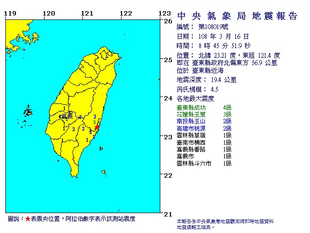 台東近海規模4.5地震。 圖/氣象局