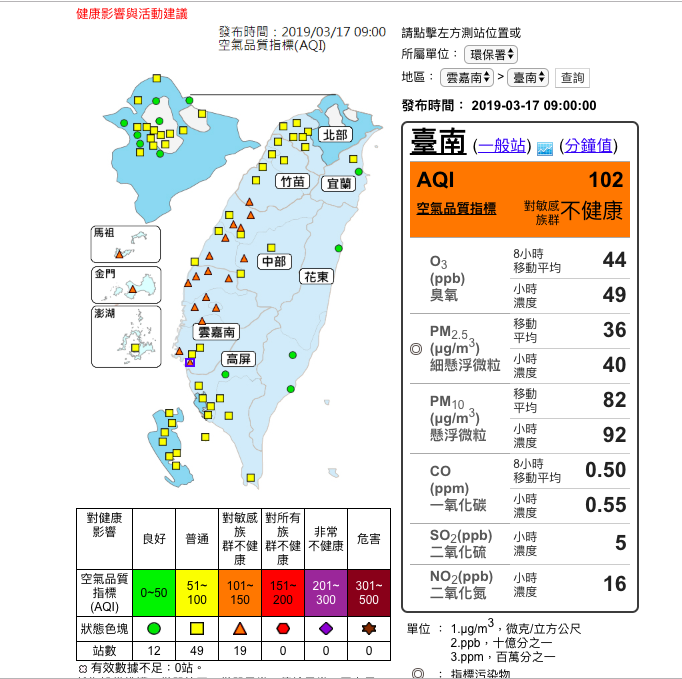 今天西半部位於背風面，擴散條件差，共19測站發布橘警。 圖：截自環保署空氣品質監測網