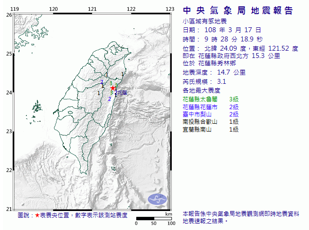 今（17）日9時28分花蓮發生規模3.1小區域有感地震 圖：截自中央氣象局
