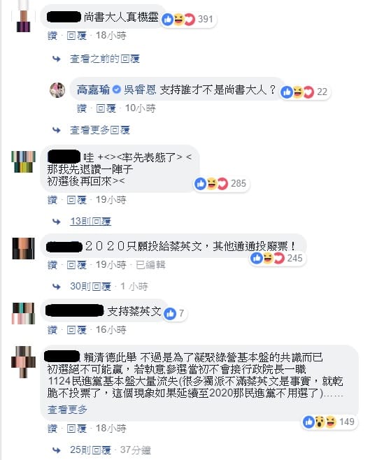 高嘉瑜臉書力挺賴清德出馬競選，網友們似乎不甚領情。 圖：翻攝自高嘉瑜臉書