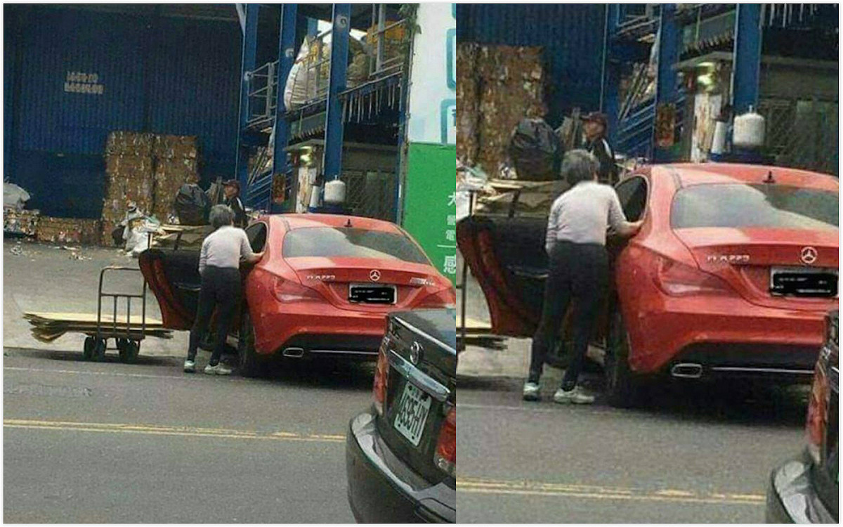 男網友表示，看見路上一名拾荒阿婆，一把年紀還得外出撿回收，為此感到相當心疼，豈料，一轉頭卻見阿婆走向一台時髦紅賓士轎車，讓他驚訝不已。 圖／翻攝自爆廢公社
