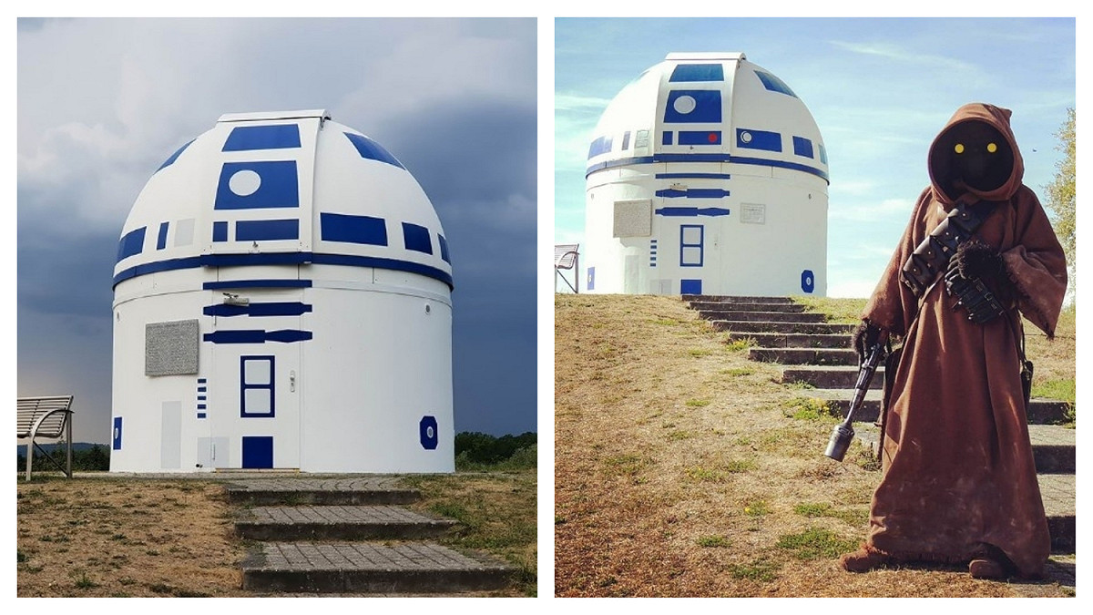 德國一位教授將大學天文台外觀漆成 R2-D2 ，引來星戰迷朝聖合影。 圖／翻攝自 BoredPanda