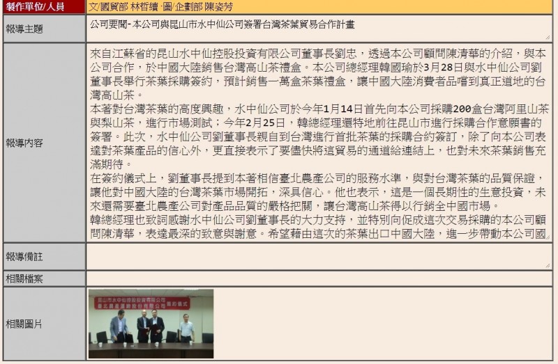 韓國瑜擔任北農總經理時，與江蘇省的昆山水中仙控股投資有限公司簽署MOU新聞稿。 圖：翻攝台北農產運銷股份有限公司