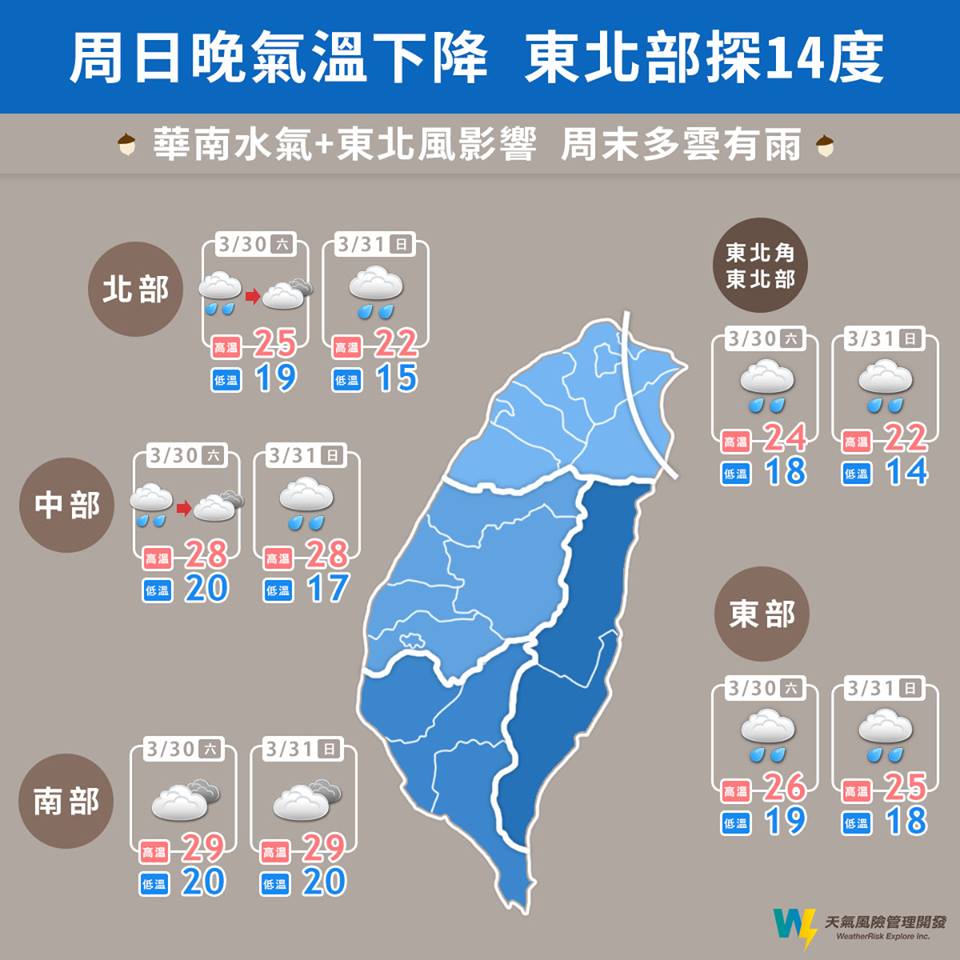 全台週末天氣一覽表。 圖：天氣風險公司/提供