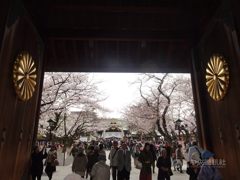 日皇明仁4月30日退位，目前年號「平成」的時代將結束，所以這波櫻花季被稱為「平成最後花見（賞櫻）」。與皇室有關的符號，像是菊花紋受注目。圖為靖國神社的大門。 圖/中央社